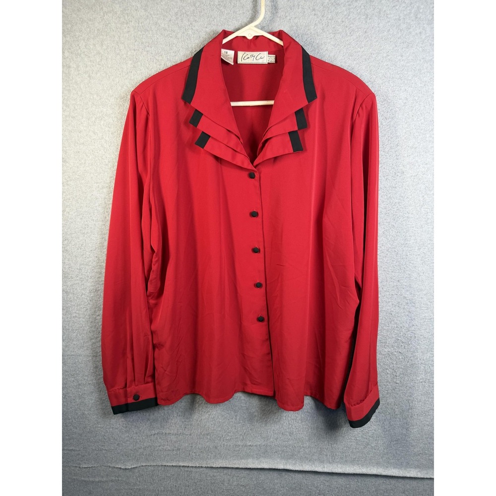 Cathy Che Blouse Womens 18 Red Ruffle Collar Long Sleeve Button Front Top